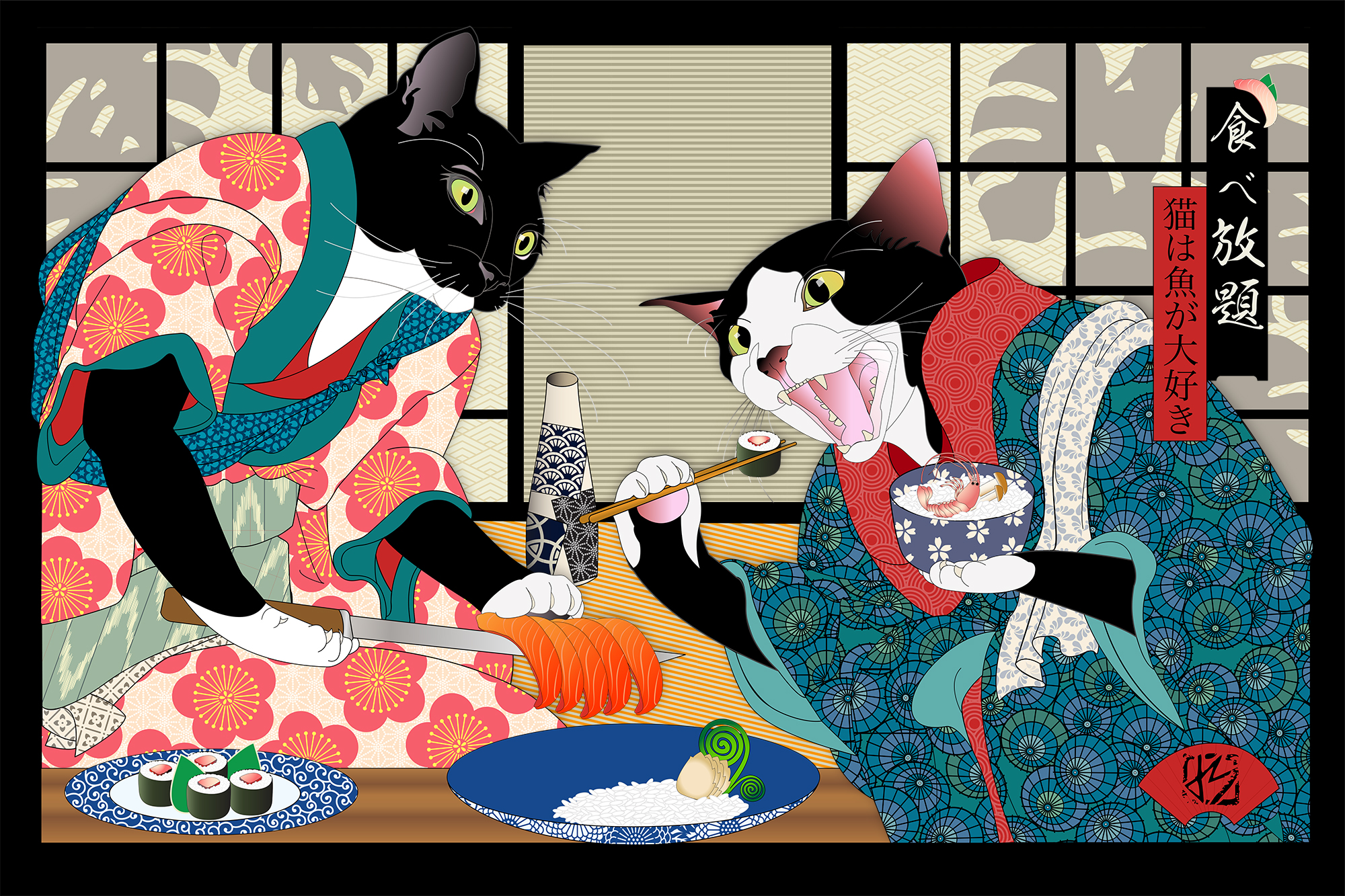 Two cats joyfully consume a sushi dinner