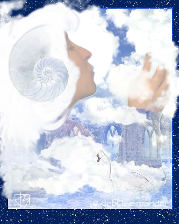 digital,painting,montage,figure,angel,goddess,shell,clouds,sky,arches,blues,air,water,woman,femaile,portrait,face,horn,s