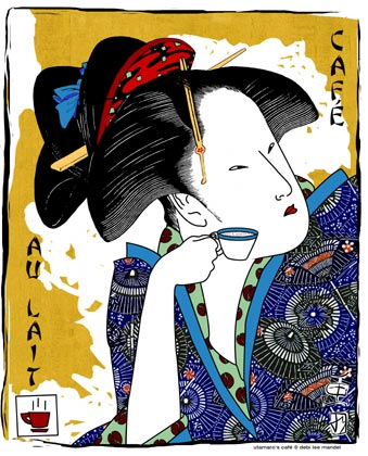 coffee,cafe,japanese,woman,female,cup,kimono,yellow,pattern,text,java,geisha,print,line,drawing,vertical