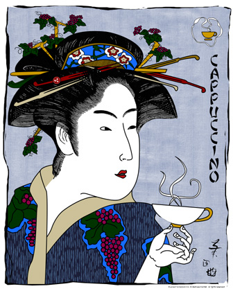 coffee,cafe,japanese,woman,female,cup,kimono,violet,purple,pattern,text,java,geisha,print,line,drawing,vertical