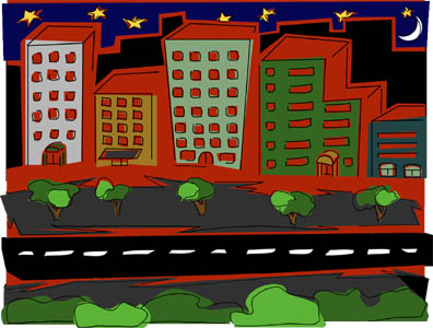 drawing,color,line,city,landscape,street,buildings,horizontal,red,night,moon