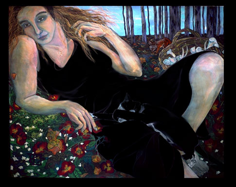 painting,mixed,media,woman,female,figure,dress,black,landscape,fabric,natural,horizontal,reclining,cat,fox,self-portrait