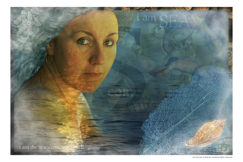 digital,painting,montage,figure,female,goddess,woman,portrait,nude,water,sea,ocean,shells,male,man,text,quotee,border,bl