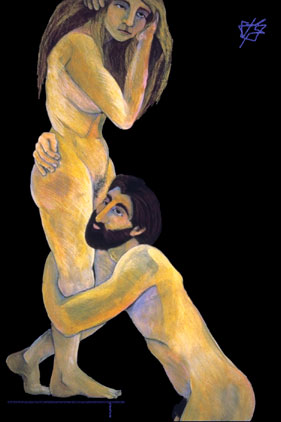 painting,mixed,media,woman,female,figure,couple,lovers,male,man,nude,black,naturalstanding,vertical