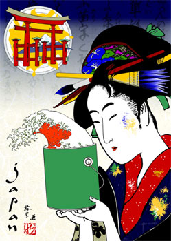 japanese,woman,female,paint,kimono,color,line,texture,pattern,text,java,geisha,drawing,brushes,vertical,postcard