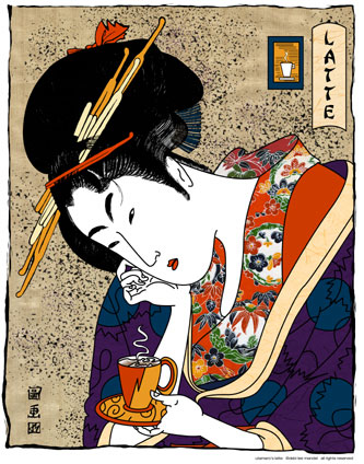 coffee,cafe,japanese,woman,female,cup,kimono,violet,purple,red,texture,pattern,text,java,geisha,print,line,drawing,verti