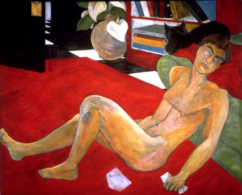 painting,mixed,media man,male,figure,cat,nude,red,black,room,interior,couch,natural,horizontal,reclining,books,door,flow