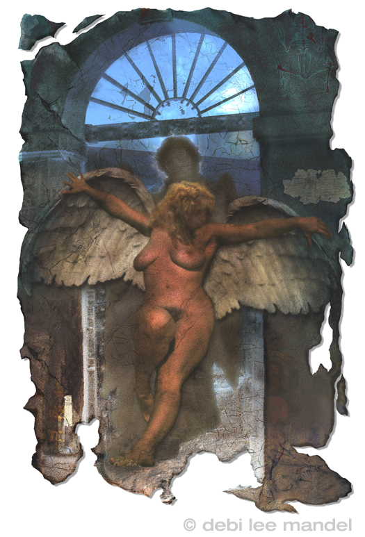 digital,painting,montage,figure,female,woman,nude,wings,myth,door,standing,bottle,sun,angel,goddess,stone,texture,vertic