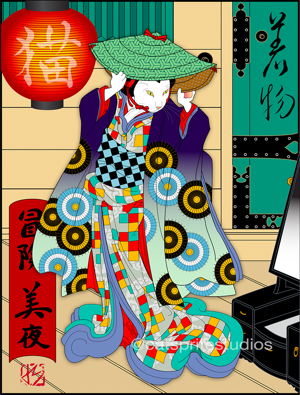 A stylish cat checks herself in the mirror before a late-night rendezvous. (After Utagawa Kuniyoshi)