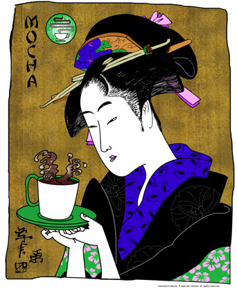 coffee,cafe,japanese,woman,female,cup,kimono,color,tan,texture,pattern,text,java,geisha,print,line,drawing,vertical