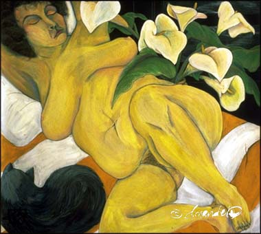 woman,cat,portrait,cat,nude,female,reclining,flowers,bed,stripes,interior,natural,mixed,media,painting,color,black,sleep