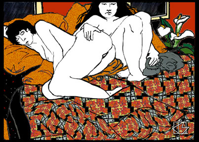 line,drawing.woman,cat,color,black,texture,pattern,white,red,flowers,asian,female,nude,reclining,seated,bed,pillows,wind