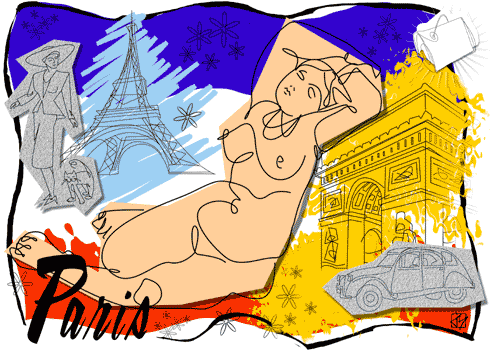 line,drawing,woman,pstcard,paris,eiffel,tower,arch,arc,car,citro���n,cat,model,nude,standing,reclining,montage,black,whi