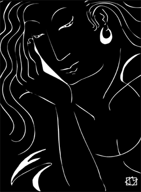 drawing,line,black,figure,woman,female,face,portrait,white,earring,vertical