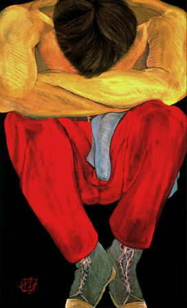 painting,mixed,media,figure,male,man,red,sneakers,black,fabric,natural,vertical,seated,sleep,rest,dream,vertical