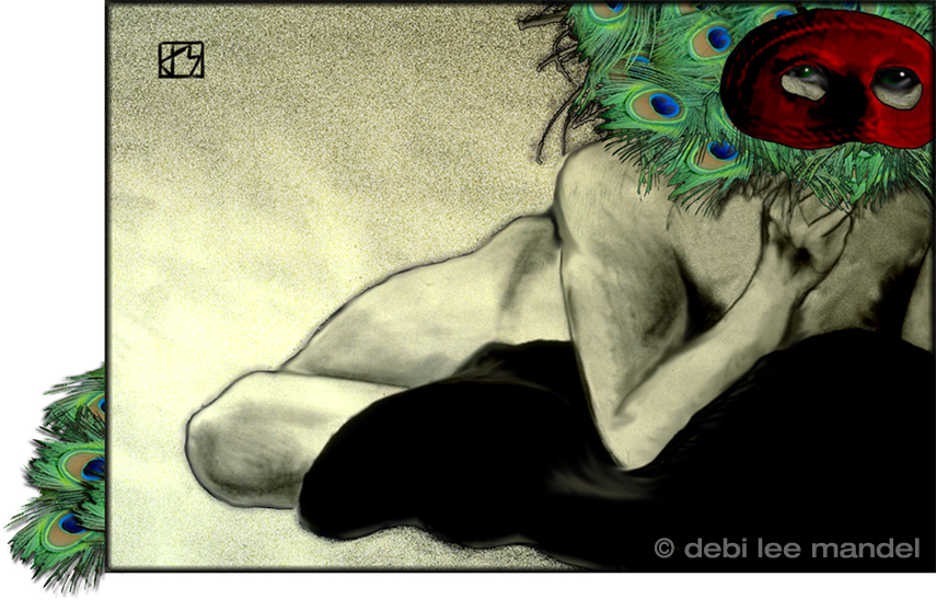 digital,painting,montage,figure,drawing,line,texture,feather,mask,peacock,reclining,nude,black,texture,horizontal