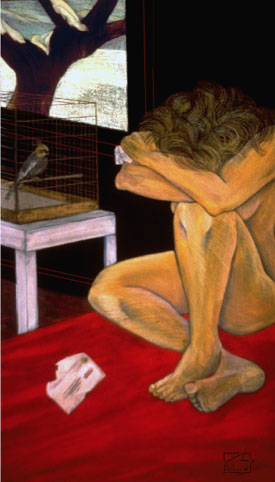 painting,mixed,media woman,female,figure,bird,cage,nude,red,black,room,interior,bed,natural,vertical,seated,snow,sleep,r