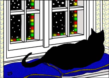 cat,drawing,line,color,black,texture,pillows,window,night,sleep,blue,nap,snow,lights,pattern,horizontal