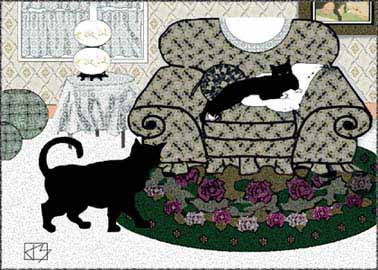 cat, drawing, line, color,black,texture,chair,pillows,flowers,window,interior,room,fabric,horizontal