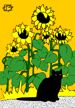cat,drawing,line,color,black,texture,flowers,yellow,sunflowers,garden,yard,outdoor,vertical